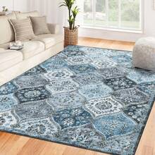 Hodeffior Washable Vintage Area Rugs 120x170cm, Traditional Living Room Rug, Non-Slip Floral Print Carpet For Bedroom, Foldable Short Pile Indoor Mat For Dining Room - Grey Blue - View 9
