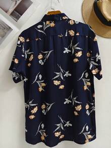 Men's Hawaiian Floral Beach Shirt, Summer Style, Short Sleeve, Button-Down, 100% Viscose Fabric (Shrinks A Little). - Màu xanh lam - Xem 3