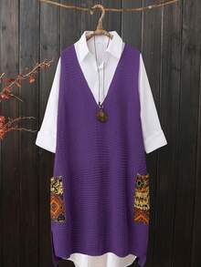 Vestido de punto con cuello en V, bolsillo y estampado aleatorio para tallas grandes - Morado - Ver 3