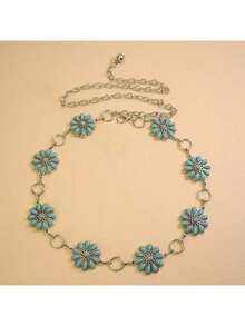 New Vintage Silver Waist Chain With Turquoise Inlay, Versatile To Wear With Dresses, Metallic Waist Belt With Rhombus Bohemian Pattern, Zinc Alloy Silver With Green Gemstone, All Season