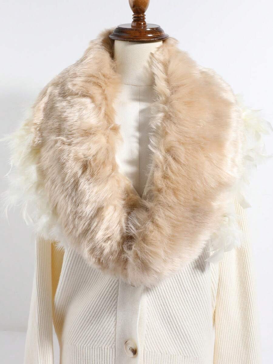 1pc Women's Fashion Faux Fur Neck Warmer (With Feather Decor), Beige Elegant Ladies Winter Scarf, Luxury Warm Neck Accessory Suitable For Parties