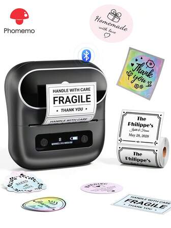  Phomemo 标签制作器，1 台 M220 标签打印机，带 1 卷标签，3 英寸热敏标签制作机，适用于家庭办公室、仓库组织，便携式贴纸打印机，带有 1000 多个图标、200 多个模板和字体，适用于条形码、姓名、地址、标签、邮寄、家庭、办公室和小型企业，兼容手机和 PC