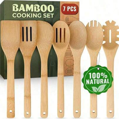 Wooden Utensil Set, Bamboo Utensils – 7 PCs Wood Spoons For Cooking, Easy To Clean, Sturdy, Lightweight & Heat Resistant