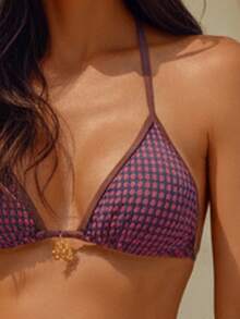 wohenmeili Set Bikini Halter Motif Kotak-kotak untuk Liburan Musim Panas Wanita di Pantai - Kotak-kotak coklat dan biru - View 6