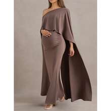 优雅针织单肩孕妇长裙，不对称垂褶设计，鱼尾下摆，春季款 - 棕色 - 查看 9