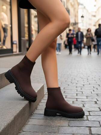 Thick Sole High-Top Elastic Knit Casual Shoes, Slip-On Short Boots For Women, Autumn/Winter