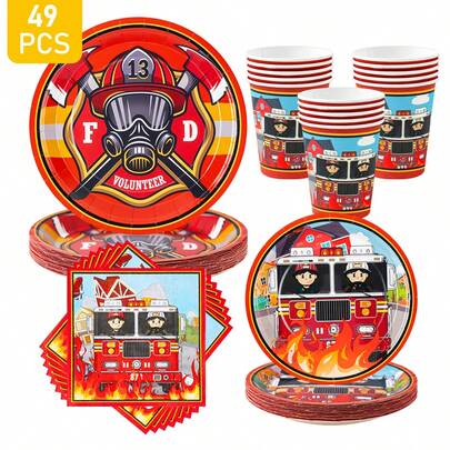 8pcs Red Fire Truck Disposable Plate, Napkin, Cup Set, Includes Plates, Napkins And Cups, Party Supplies Suitable For 8 Guests, Disposable Paper Plates For Birthday, Wedding, Theme Party, Family Picnic
