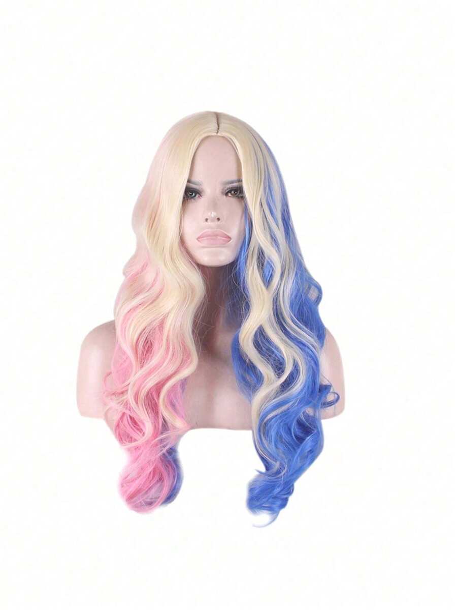 24 Inch Colorful Cosplay Wig, Pink And Blue Long Curly Hair Headpiece, Fashion Wig Suitable For Holiday Costumes And Role Play