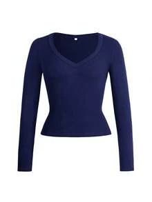 Vaiaye 女士加大码修身V领性感长袖Y2K春夏针织上衣，纯色V领T恤，适合情人节穿着