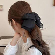 Large Chiffon Silk Hair Bow For Women Mesh Big Bows Hair Clips With Pearls Crystal Tulle Hair Barrettes Long Tail Bowknot Hair Accessories (Crystal Black)CrystalBlack - 水晶黑 - 查看 4