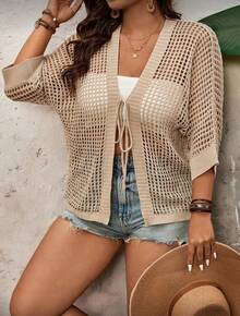 Cardigan Cape Coat Plus Size Knitted Crochet Transparent Summer - 沙 - 查看 5