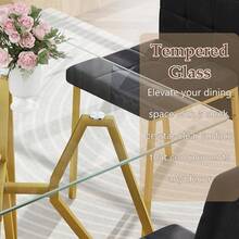 5-Piece Dining Table Set With 4 Black Chairs, 36" Round Dining Table & Chairs Set For 4, Circle Kitchen Table With Gold Metal Frame & Tempered Glass Top, Perfect For Small Space - Bàn vuông 35,4 inch + 4 ghế đen - Xem 4
