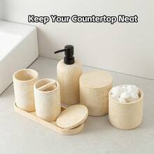 SUQLBathroom Accessories Set Travertine Stone-Look 6 PCS Bathroom Accessory Set With Soap Dispenser Toothbrush Holder Tumbler Vanity Tray Cotton Swab Jars For Countertop Yellow J - 黃色 - 查看 2