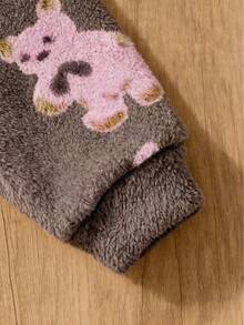 2件套小女孩熊毛绒长袖上衣和裤子套装，秋冬