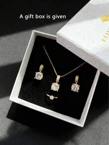 3件套不锈钢项链、耳环和戒指套装，镶嵌立方氧化锆，低过敏性珠宝礼盒套装，女士适用，附赠礼盒，圣诞节珠宝礼物 - 金色簡約風 - 查看 9
