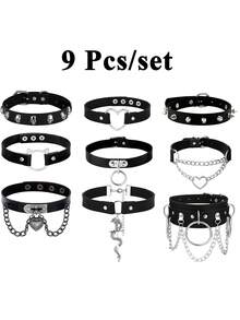 1-9pcs Adjustable Gothic Punk Style Heart Rivet PU Leather Choker Necklace For Women - Leather Collar - View 1