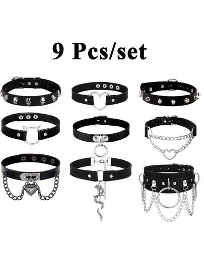 Xiacheng 1-9 piezas Collar gargantilla de cuero PU con remaches en forma de corazón, estilo gótico punk, ajustable para mujeres