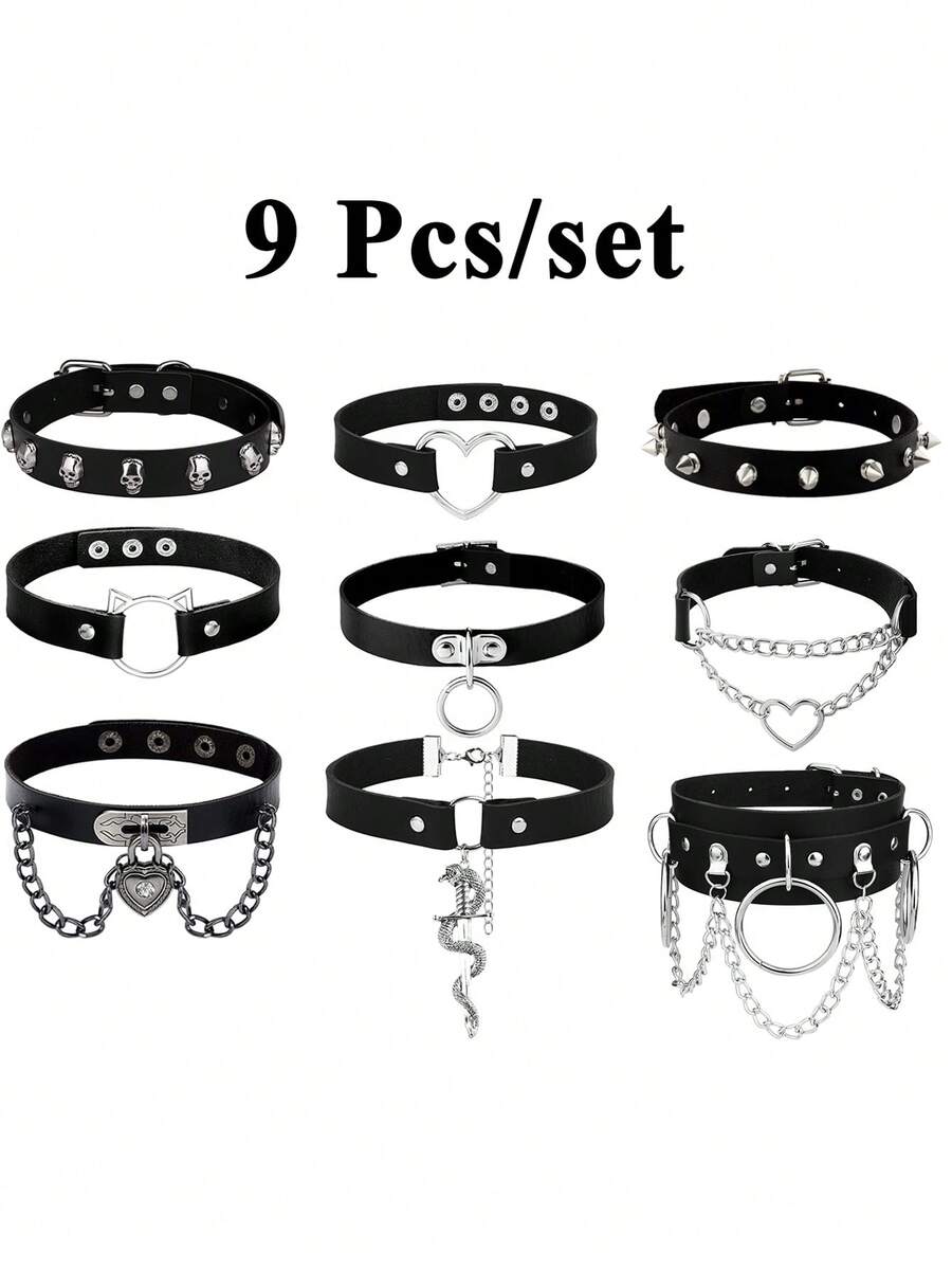 1-9pcs Adjustable Gothic Punk Style Heart Rivet PU Leather Choker Necklace For Women - Leather Collar - View 1