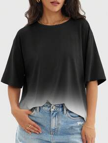 Speed mate 女士渐变色圆领短袖T恤，休闲宽松版型上衣，春夏款 - 黑色 - 查看 3