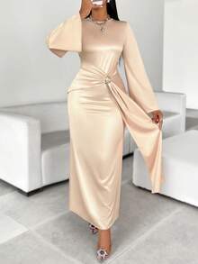 Apricot Glossy Fabric Round Neck Trumpet Sleeves Front Metal Button Ribbon Long Dress Autumn Women's Clothing - Champagne - View 5