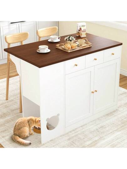 Kitchen Isl Trolley Sideboard Drawers Extendable Worktop, Spice Rack, Pet Feeding Area out Cat Bowl), Wit Walnut, 120*(40+30)*90 Cm view 4