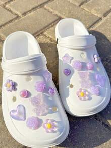 18pcs Purple Bear, Rose, Heart, Flower, Pentagram Detachable Decorative Accessories, Suitable For Sandals, Clogs, Garden Shoes, Beach Shoes, All Season, Great Holiday Gift