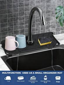 Silicone Drying Tray Mat For Kitchen/Bathroom - Faucet Drip Catcher With Soap Holder & Counter Splash Guard - Black - View 3
