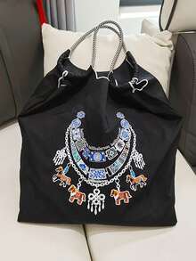 1pc New Simple Embroidered Chain Horse Pattern Foldable Lightweight Nylon Tote Bag, Adjustable Shoulder Strap, Suitable For Commuting, Party, Shoulder/Crossbody