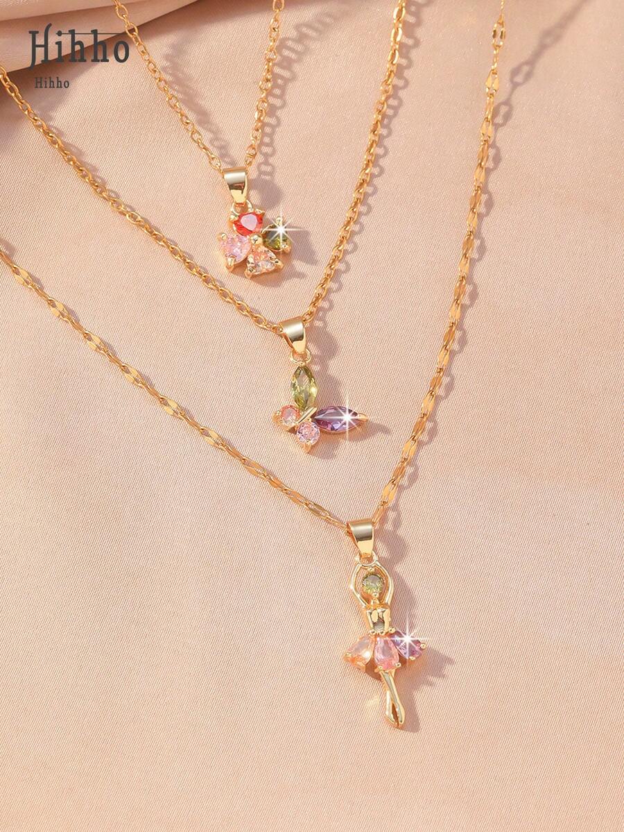 Hihho 3件套优雅项链套装,镶嵌彩色锆石,饰以可爱花朵、蝴蝶、芭蕾舞女孩设计,个性化创意项链,女士奢华珠宝礼品 - 金色 - 查看 1
