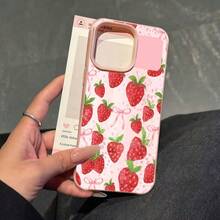 Primera opción para regalos de Navidad! Funda de cuero texturizado rosa vintage con diseño de agujeros grandes y patrón Patrón de fresas y lazos Compatible con iPhone 16 Pro Max/15/14/13/12/1 - Rosa - Ver 1