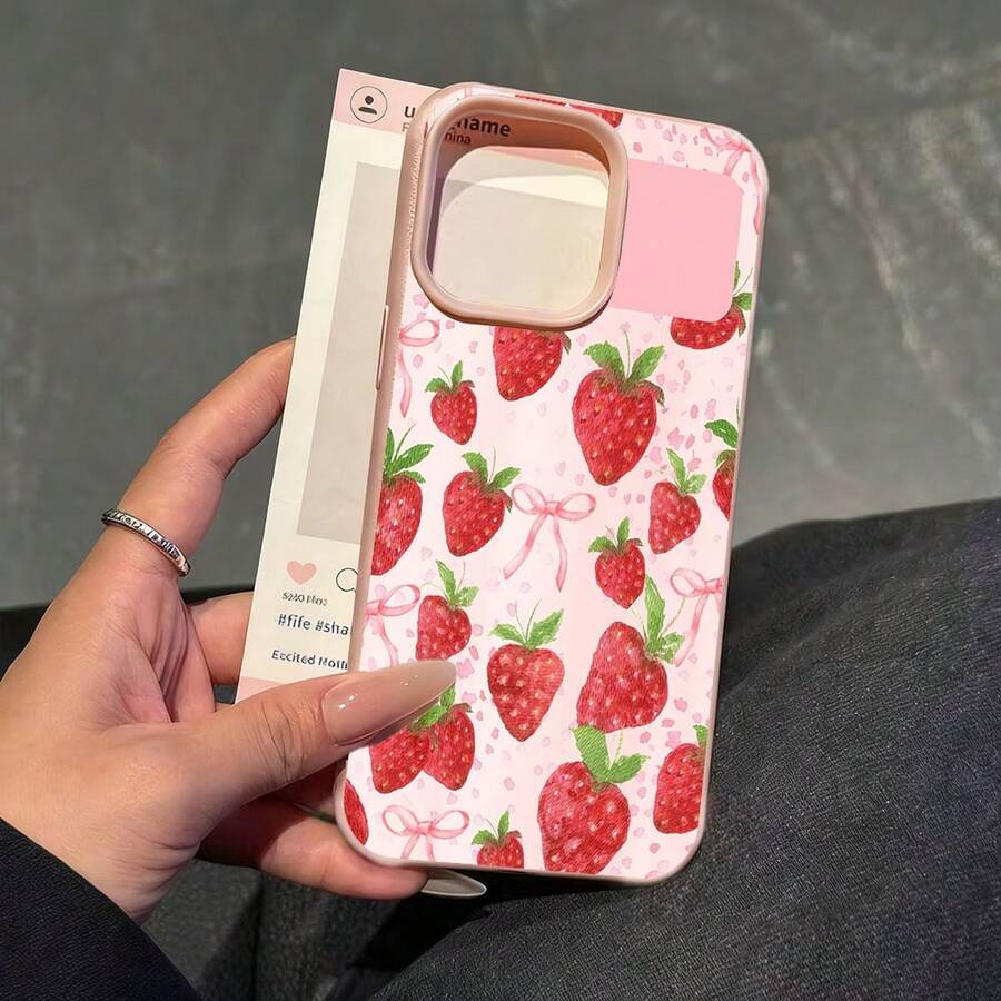 Primera opción para regalos de Navidad! Funda de cuero texturizado rosa vintage con diseño de agujeros grandes y patrón Patrón de fresas y lazos Compatible con iPhone 16 Pro Max/15/14/13/12/1 - Rosa - Ver 1