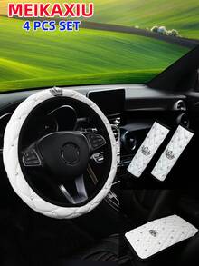 MEIKAXIU PU皮革刺绣水钻皇冠闪亮汽车配件套装，适用于14.5-15英寸方向盘套、手刹套、换挡杆套、扶手套、头枕套、肩垫，女士汽车装饰 - 軟皮鑲鑽皇冠 - 查看 14