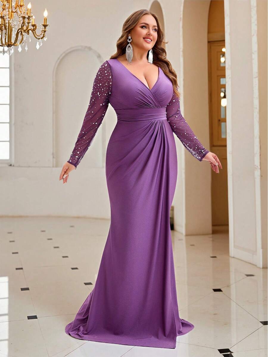 NIKBK Váy dự tiệc thanh lịch cỡ lớn đính đá Rhinestone và lưới vá - Màu tím - Xem 1