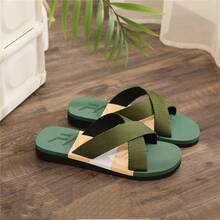 Men's Cross Strap Slippers, Green Patchwork Fabric Upper, Flat Outdoor Sandals For Summer Beach, Casual - Green - View 10