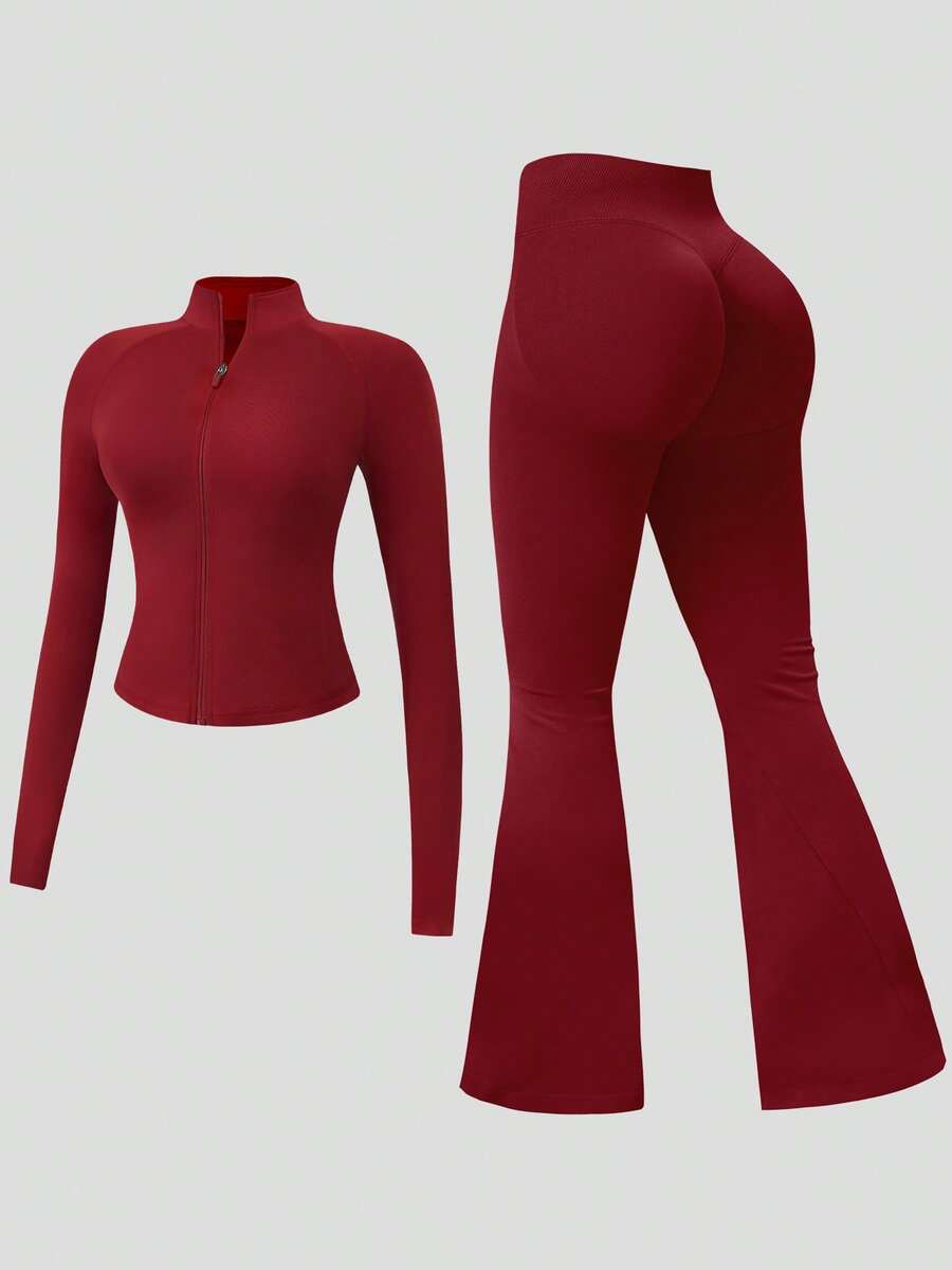 NcmRyu 1 Set Women Seamless Ribbed Zip Up Mock Neck Long Sleeve Flare Pants Activewear Suit Spring - Đỏ - Xem 1