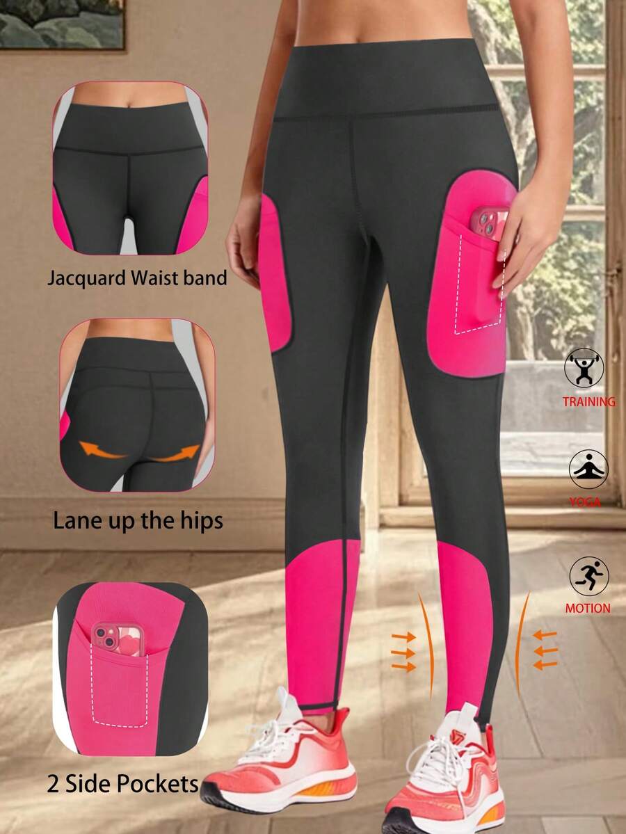 加大码女式高腰举重瑜伽裤，紧身休闲运动紧身裤，带侧袋和色块设计