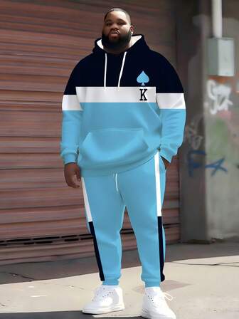 Popular "Old K Pattern & Contrast Striped" Matching Plus Size Men's Hoodie Set, Spring/Autumn/Winter Sports 2 Pieces - Ins Style Plus Size Loose Fit Comfortable Loose Hoodie + Jogger Pants, Street Hip-Hop Versatile