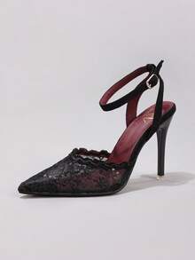 Fashionable Lace Embroidered High Heel Shoes, Sexy Pointed Toe Super High Heel Evening Party Shoes, Thin Heel Black Sandals For Women,Burgundy Heels,Stiletto Heels - Black - View 11