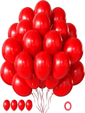 12 pouces 20 pièces Ballons en latex rouges avec rubans rouges, pour couronnes de ballons ou arches de ballons comme décorations pour anniversaire, baby shower, mariage, Noël, Saint-Valentin, célébration d'anniversaire, convient pour toutes les saisons et fêtes de la Fête des pères/mères, sans électricité requise