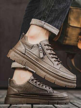 男士厚底侧拉链系带正装鞋，复古圆头低帮工装靴，商务、通勤、派对、婚礼休闲正装鞋