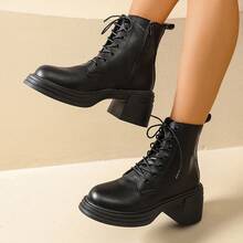 Fashionable Black Boots, Thick Sole Elevator, Lace-Up + Side Zipper, Streetwear Short Boots