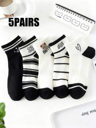 5 Pairs Of Versatile Cartoon Women's Letter Short Socks, Breathable, Comfortable And Absorbent Short Socks, Suitable For Daily Wear, Sports, Office, Casual Style, And Valentine's Day All Year Round
