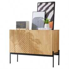 Sideboard With 2 Türen And Metallbeinen, Buffet, Kommode Mit Linien-Design, Mass: H 75 Cm / B 100 Cm / T 40 Cm - Natural Color - View 5