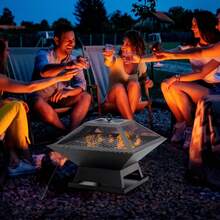 Outsunny Garden Fire Pit With Grill And Spark Guard, Black Steel 45x45x34cm, Includes Coat Hooks For Cozy Evenings Outdoors - 1 - View 2