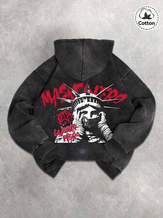 Men's Street Pattern Hoodie Sweatshirt, Slightly Stretchy Fitted Washed Thermal Lined Cotton Blend Black Long Sleeve Zip-Up Jacket, Casual Daily Outerwear