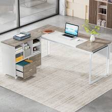 Tribesigns 63" L-Shaped Executive Desk With Reversible File Cabinet, Large Office Desk With Storage Drawers, Computer Desk Set (Grey & White) - Grey & White - View 4