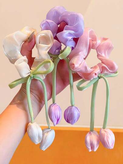 Set de 3 scrunchies con lazo de tulipán, accesorios de cabello con cintas de tonos suaves de rosa, lila claro y beige, adecuados para niñas y mujeres para salidas casuales, citas y eventos de estilo fresco, lazos para el cabello, accesorios de cabello para coleta