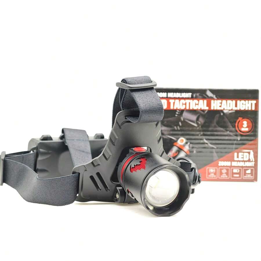 Lámpara táctica LED zoom headlight LJK DT-808-539 frontal recargable, linterna cabeza multiuso, iluminación camping trekking ciclismo, resistente agua, batería larga duración - Negro - Ver 1