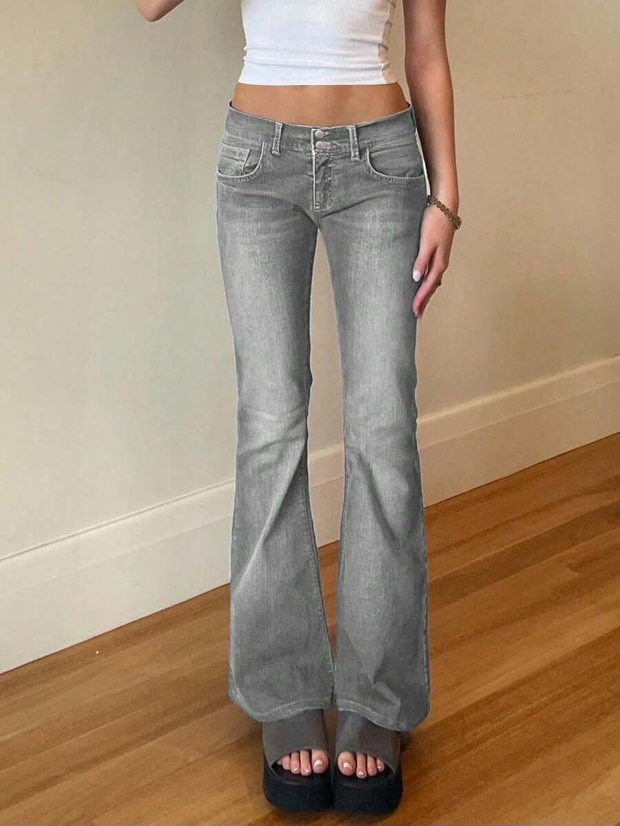 欧美高端Y2K街头风时尚紧身低腰喇叭牛仔裤 - 淺灰色 - 查看 1