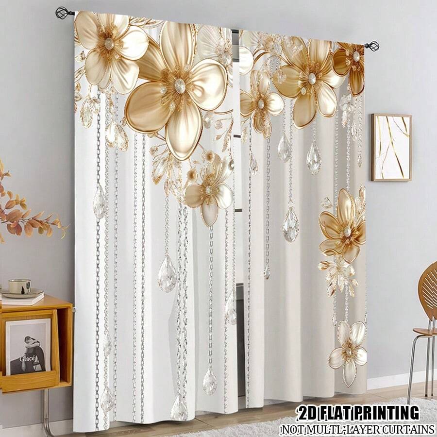 2 Pcs Polyester Light Filtering Curtains - High Definition White Gold Flower Pattern Printing For Bedroom, Living Room, Office And Home Decor, Rod Pocket Design - Multicolor - View 1